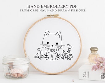 Cute Boy Cat Bow Hand Embroidery PDF Pattern Template, Sweet Baby Animal Floral Hoop Art Design, Birthday Kitty Stitch File, Flower Present