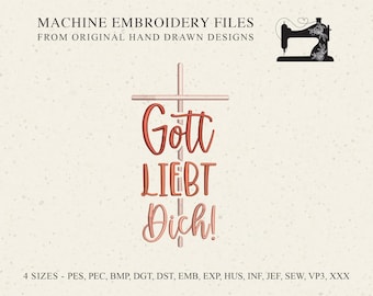 German Gott liebt Dich machine embroidery design pattern file, Christian Faith Catholic Communion Confirmation Baptism Wedding Birthday Deco