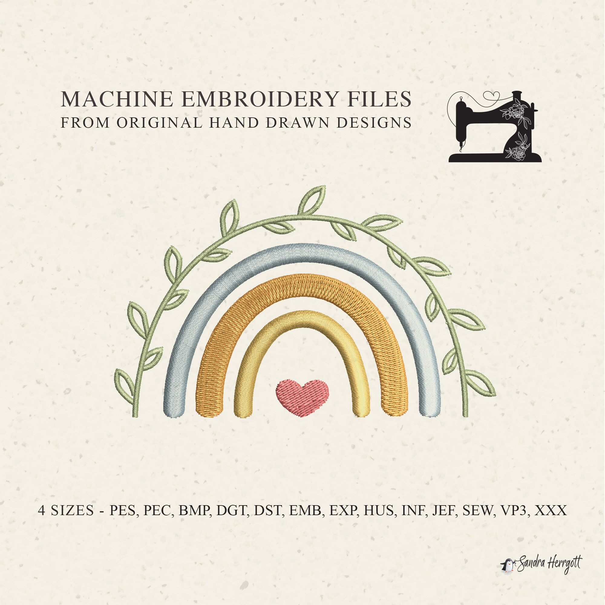 Cute Boho Rainbow Machine Embroidery Design Pattern File, Heart Leaf ...