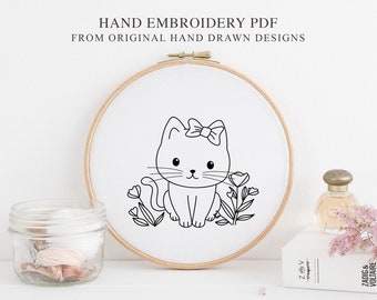 Cute Kitty Hand Embroidery PDF Pattern Template, Sweet Birthday Baby Animal Stitch File, Floral Hoop Art Design, Flower Girl Pet Botanical