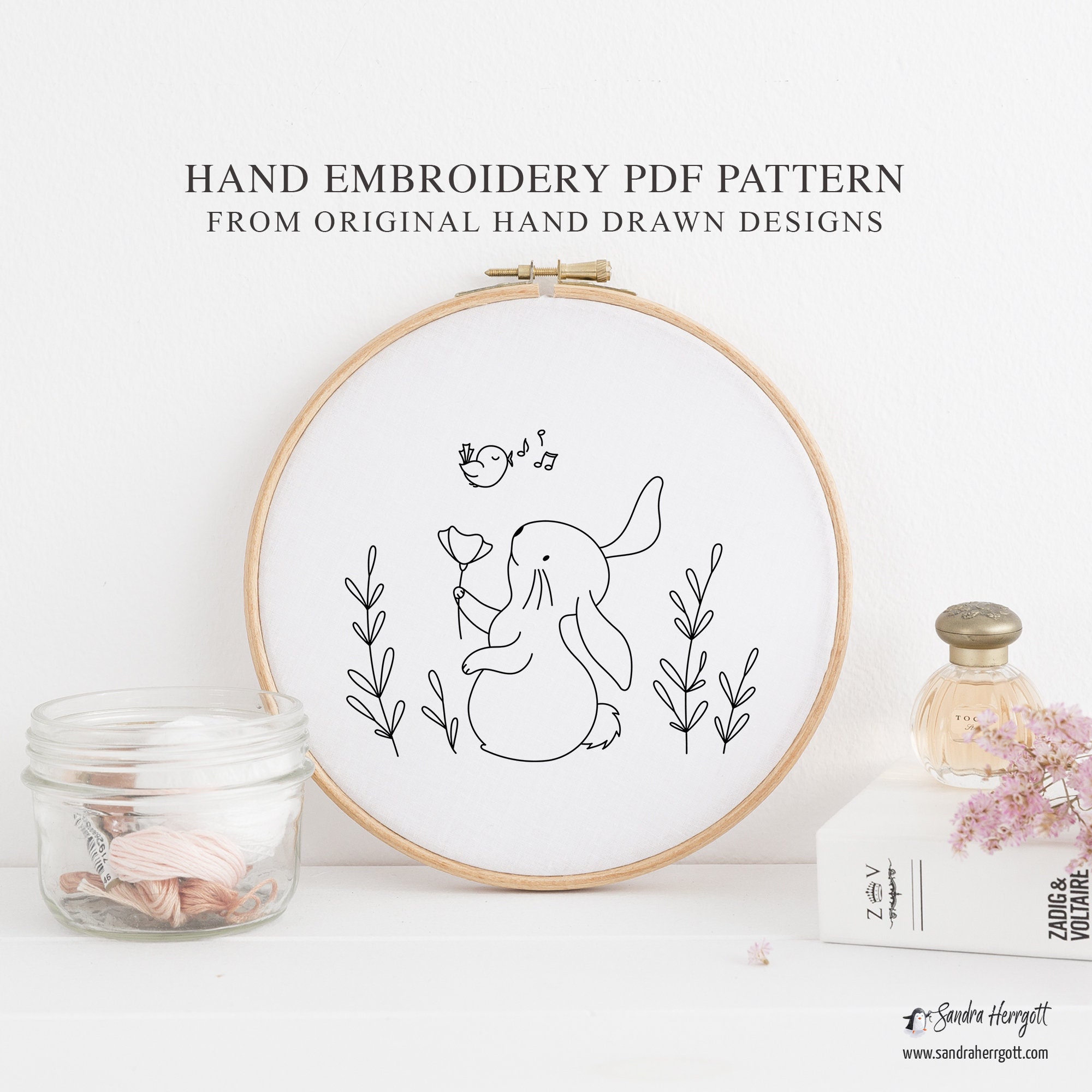 Bunny Bird Hand Embroidery PDF Pattern Template, Cute Birthday Digital ...