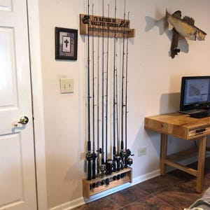 Personalized Fishing Rod Holder: Solid Oak, Wall Mounted Rack