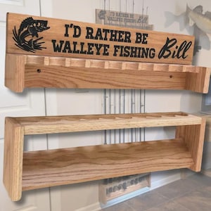 Personalized Fishing Rod Holder: Wall Mount Solid Oak Storage Rack