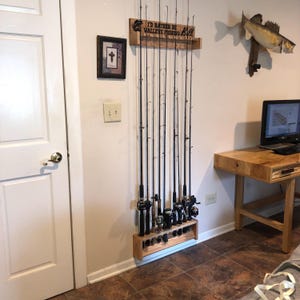 Personalized Fishing Rod Holder: Wall Mounted Oak Rack, Man Cave Decor