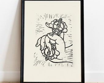 Op de afbeelding: Zwart-witte lijntekening van een hand die een gestileerd religieus symbool vasthoudt met een stralende zon erachter.