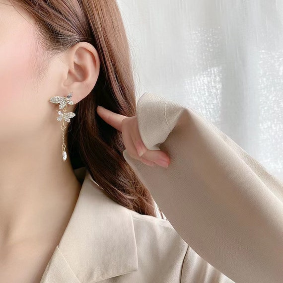 Long dangle butterfly earrings deals