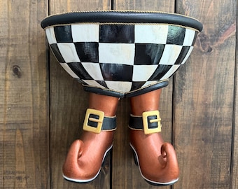 Witch Boots Vase Wreath Attachment, Trick Or Treat Bowl Wreath Attachment, Halloween Decor, Checkered Board Halloween Witch Bowl, Witch Boot