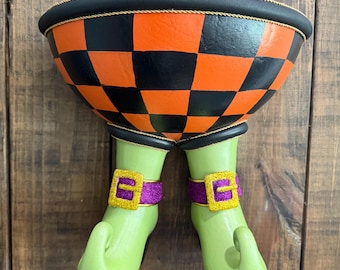 Witch Boots Vase Wreath Attachment, Trick Or Treat Bowl, Whimsy Halloween Decor, Black And Orange Checkered Board Bowl Halloween Witch Decor