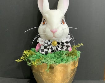 Easter Bunny In Golden Egg Wreath Attachment, Hoding Bunny, Elegant Rabbit, Steampunk Rabbit In An Egg, Center Piece Golden Egg And Rabbit