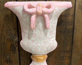 Pink And White Victorian Urn Attachment, Spring Urn, Flat Back Pink Urn, Flat Back Planter, Front Door Decor, Pink Urn, Door Hanger