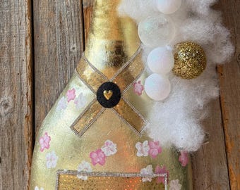 Golden Champagne Bottle Wreath Attachment, Handpainted Champagne Bottle Front Door Decor, Bubbles Champagne Flowers