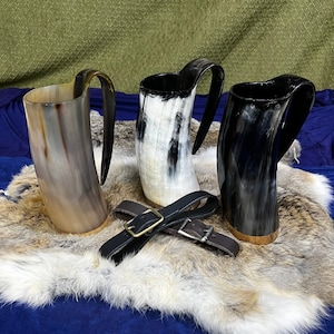 Large Viking Drinking Horn Mug with Leather Strap: Medieval Norse Tankard