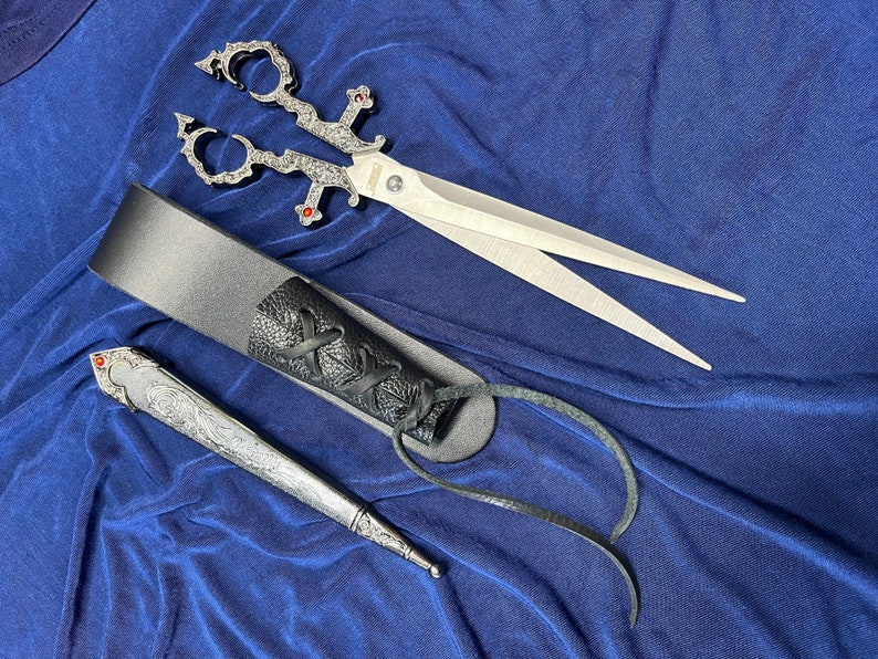 10.5 Medieval Renaissance Scissors Dagger with Sheath and Custom Leather Frog. Cosplay, Pirate, Medieval, Halloween, Gift Silver