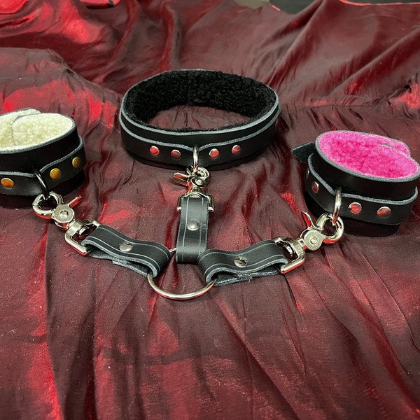 Leather choker with leash, Collar and restraint sets, BDSM Faux Fur Lined Handcuffs, Cosplay Gear, Costume Bondage, Sexy Gift, Adult Play
