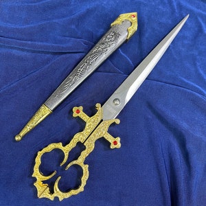 10.5 Medieval Renaissance Scissors Dagger with Sheath and Custom Leather Frog. Cosplay, Pirate, Medieval, Halloween, Gift Gold