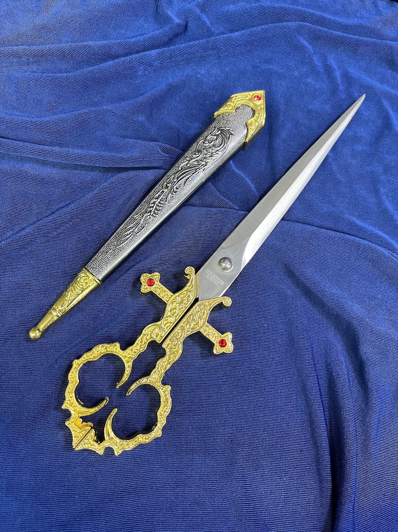 10.5 Medieval Renaissance Scissors Dagger with Sheath and Custom Leather Frog. Cosplay, Pirate, Medieval, Halloween, Gift Gold