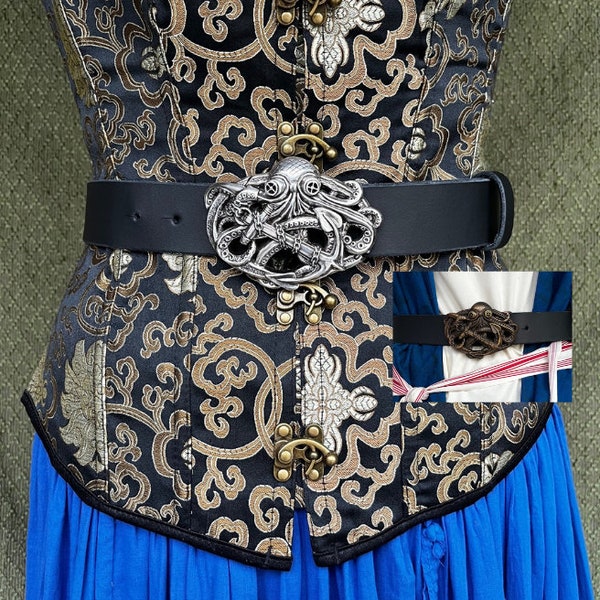 1.5 inch Leather Kraken Belt | Pirate, Renaissance, Medieval Belt | Antique Nickel or Antique Copper Buckle