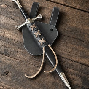 14" Medieval Dagger | Three Frog Styles | Cosplay Short Sword with Leather Frog Left Hip Angled