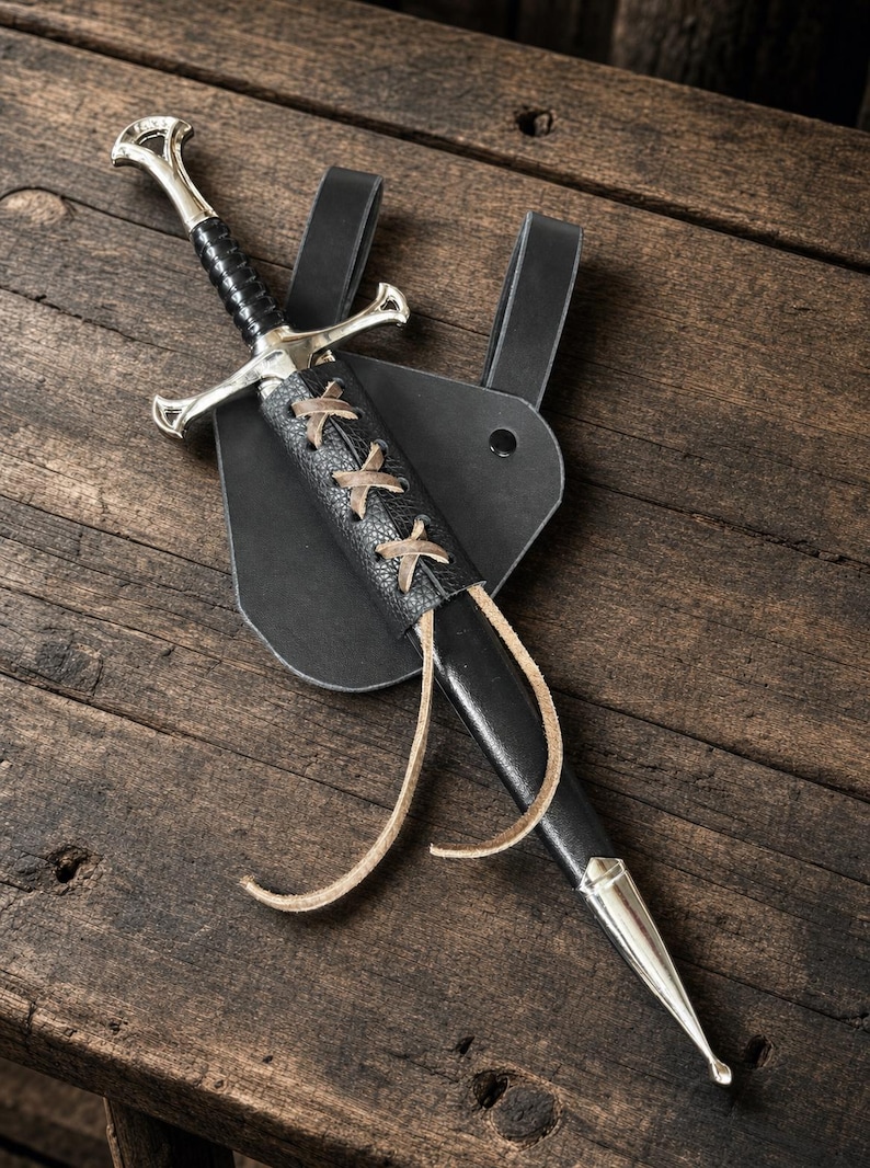 14" Medieval Dagger | Three Frog Styles | Cosplay Short Sword with Leather Frog Left Hip Angled