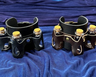 Leather Potion Bottle Wrist Cuff. Renaissance bracelet, Wizard, Warlock, Alchemist, LARP, Pirate and Cosplay Fashion.