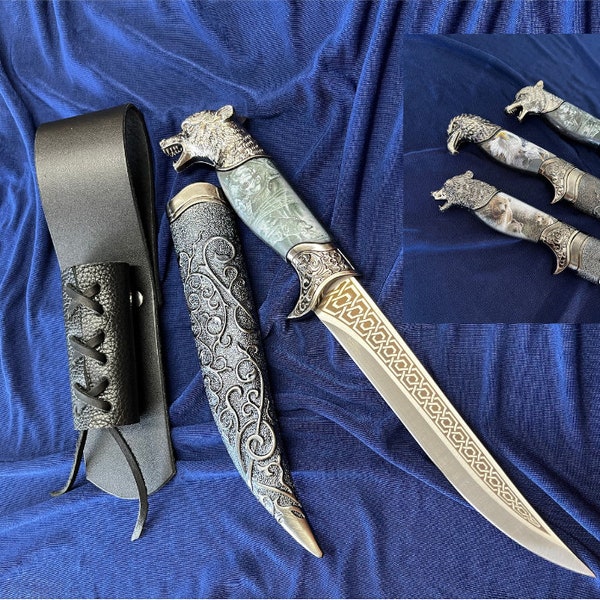 Wolf, Eagle or Bear Dagger with Sheath and Leather Frog. Short Sword, Knife Scabbard for Renaissance, Cosplay,Pirate,Medieval,Halloween,Gift