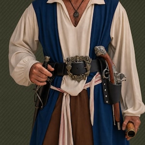 May include: A cream-colored long-sleeved shirt worn under a blue vest, paired with a brown skirt. A black leather belt features an ornate metal buckle. A flintlock pistol is holstered on the left, and a small telescope is held in the right hand.