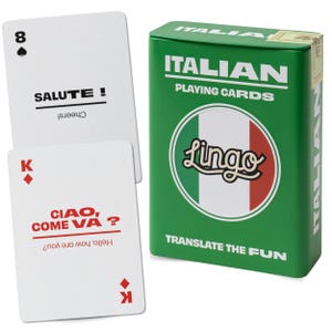 Baralho de cartas com palavras e frases italianas em estojo de metal