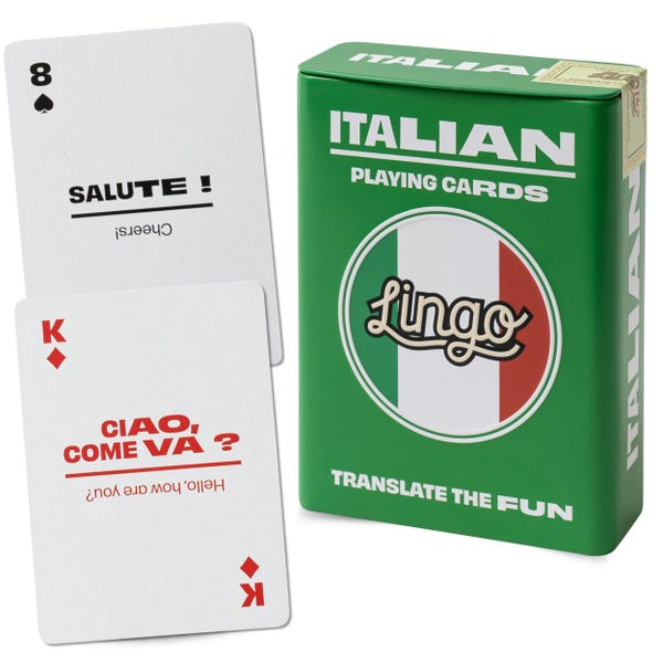 Baralho de cartas com palavras e frases italianas em estojo de metal
