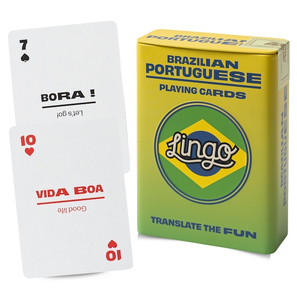 Cartas de juego con palabras y frases brasileñas en estuche de hojalata