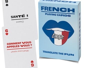 May include: A pack of French playing cards in a light blue box featuring a blue lip graphic with the French flag and the word Lingo. Two cards are shown: an 8 of spades with the text SANTÉ! and a 6 of hearts with the text COMMENT VOUS APPELEZ-VOUS?