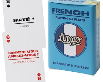 Carte da gioco con parole e frasi francesi in astuccio di latta