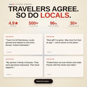 May include: A promotional graphic featuring the text TRAVELERS AGREE. SO DO LOCALS. with a 4.9 average rating, 500+ five-star reviews, 96% recommendation rate, and usage in 30+ countries. It includes four customer testimonials and a Read the reviews button.