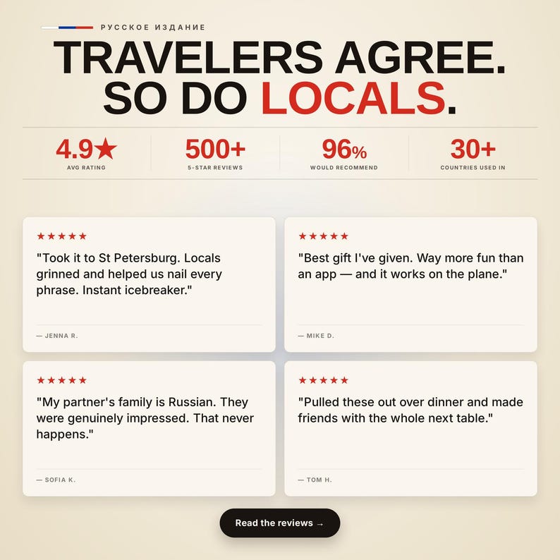 May include: A promotional graphic featuring the text TRAVELERS AGREE. SO DO LOCALS. with a 4.9 average rating, 500+ five-star reviews, 96% recommendation rate, and usage in 30+ countries. It includes four customer testimonials and a Read the reviews button.