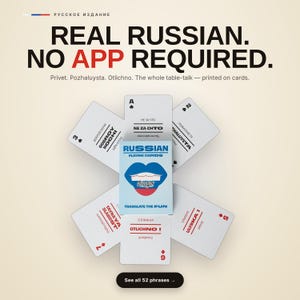 May include: A deck of Russian playing cards with a light blue box featuring a red, white, and blue lip graphic. The cards display Russian phrases with English translations. Text reads: REAL RUSSIAN. NO APP REQUIRED. Privet. Pozhaluysta. Otlichno.