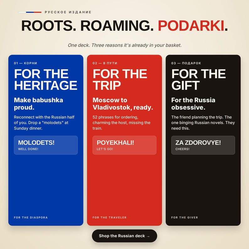 May include: A promotional graphic featuring three vertical rectangular panels in blue, red, and black. The text reads ROOTS. ROAMING. PODARKI. followed by descriptions for a Russian language deck, including phrases like FOR THE HERITAGE, FOR THE TRIP, and FOR THE GIFT.