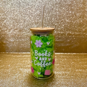 Books and Coffee Cup, Coffee Addict, Coffee Lover, Coffee Tumbler, Coffee Cup, Glass Cup, Iced Coffee, Gift for Coffee Lover, Book Lover