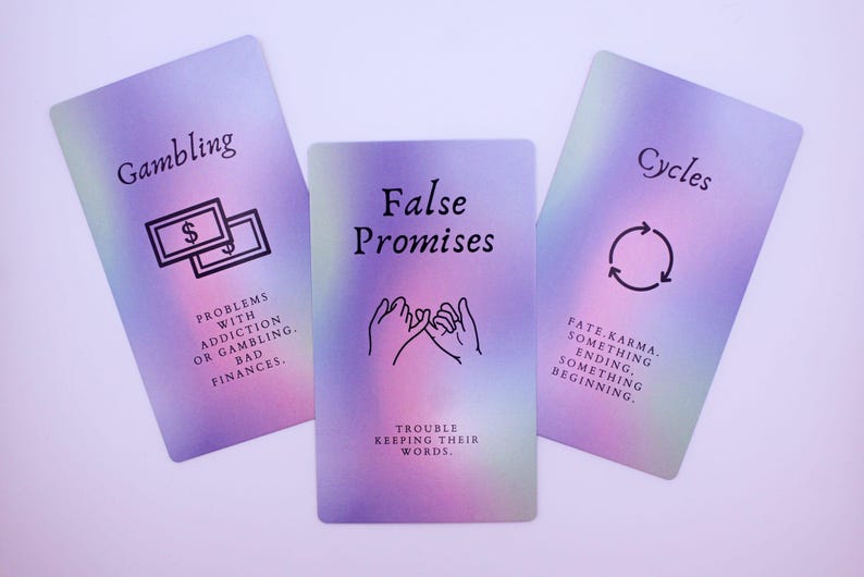 May include: Three tarot cards with a pastel purple and green gradient background. The cards feature the words "Gambling", "False Promises", and "Cycles". Each card has a corresponding illustration and text describing the card's meaning.