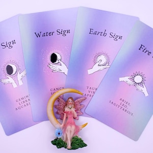 May include: Four tarot cards with pastel purple backgrounds are displayed, each labeled with an astrological element: Air, Water, Earth, and Fire. A fairy figurine sits in front of the cards. The cards feature illustrations of hands holding celestial objects.
