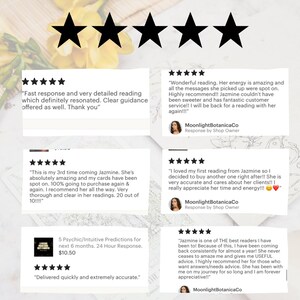 May include: Customer reviews for a psychic reading service, featuring five-star ratings and testimonials. The image showcases positive feedback, with phrases like "fast response" and "very detailed reading." The reviews highlight accuracy and helpful advice.