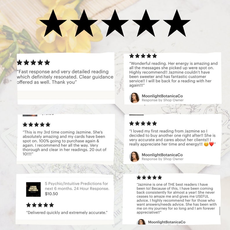 May include: Customer reviews for a psychic reading service, featuring five-star ratings and testimonials. The image showcases positive feedback, with phrases like "fast response" and "very detailed reading." The reviews highlight accuracy and helpful advice.