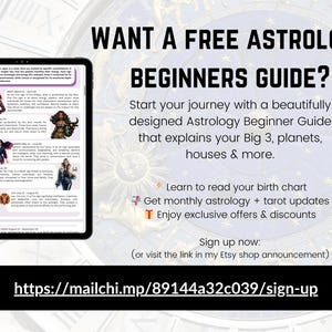 Pu&ograve; includere: Annuncio per una Guida per principianti di astrologia. L'immagine presenta un tablet che mostra informazioni astrologiche, con il testo "WANT A FREE ASTROLOGY BEGINNERS GUIDE?" e un link di registrazione.
