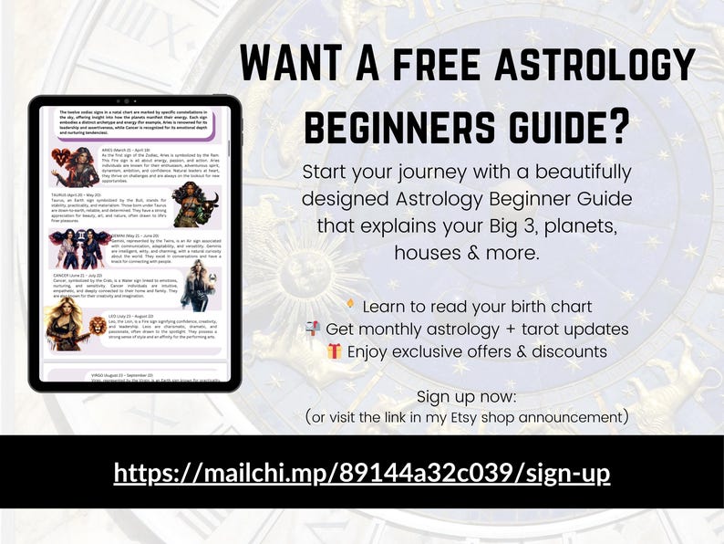 Pu&ograve; includere: Annuncio per una Guida per principianti di astrologia. L'immagine presenta un tablet che mostra informazioni astrologiche, con il testo "WANT A FREE ASTROLOGY BEGINNERS GUIDE?" e un link di registrazione.