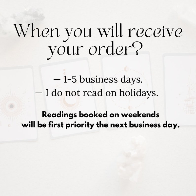 May include: Text on a white background reads "When you will receive your order?" followed by details about order processing times, including 1-5 business days and weekend priority. The text is in black.