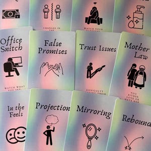 May include: A collection of tarot cards with various titles and illustrations. Titles include "Money Blocked," "Vibe Shift," "Toxic Habit," and "Cleansing Needed." Each card features a unique graphic and text, with a pastel rainbow background.