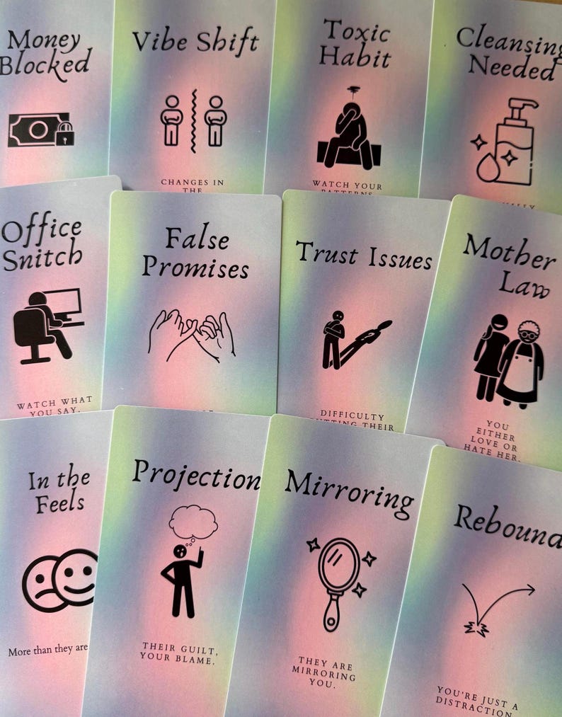 May include: A collection of tarot cards with various titles and illustrations. Titles include "Money Blocked," "Vibe Shift," "Toxic Habit," and "Cleansing Needed." Each card features a unique graphic and text, with a pastel rainbow background.