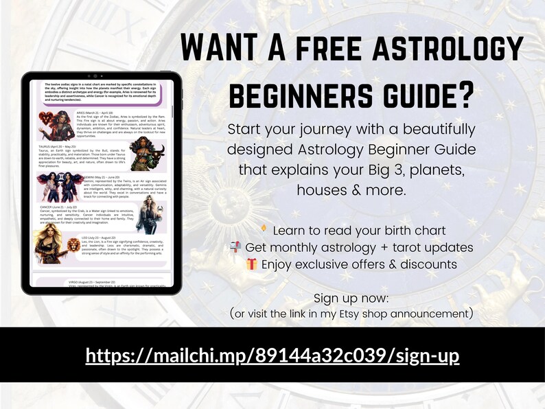 May include: An advertisement for a free Astrology Beginner's Guide. The image features a tablet displaying astrological information and text that reads "Want a Free Astrology Beginners Guide?" and a sign-up link.