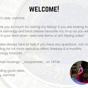 May include: Image with the word "WELCOME!" in bold black letters. Text below introduces Lady Jazmine and invites visitors to favorite the shop for astrology and tarot updates. Includes a photo of a person in a red dress.