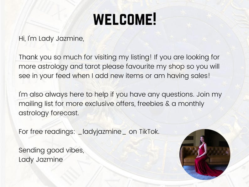 May include: Image with the word "WELCOME!" in bold black letters. Text below introduces Lady Jazmine and invites visitors to favorite the shop for astrology and tarot updates. Includes a photo of a person in a red dress.