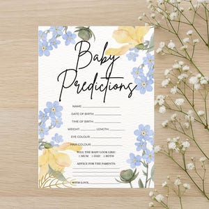 Baby Predictions Card – Baby Shower Game | Editable Canva Template | 5x7” | Blue & Yellow Floral | Instant Download