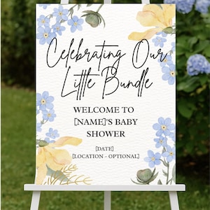 Letrero de bienvenida para baby shower (45 x 60 cm) / Plantilla editable de Canva / Diseño floral azul y amarillo / Descarga instantánea